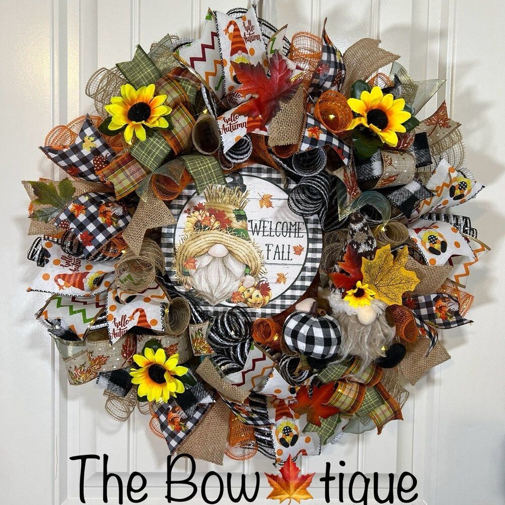 Handmade Autumn Fall Ribbon Wreath Welcome Gnome 22 in’s. Thanksgiving w11